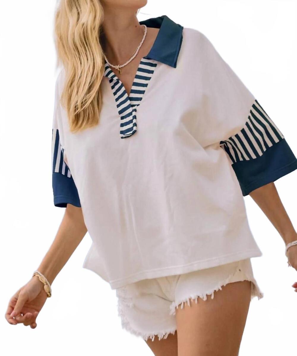 NEW ODDI color block french terry collared top in blue